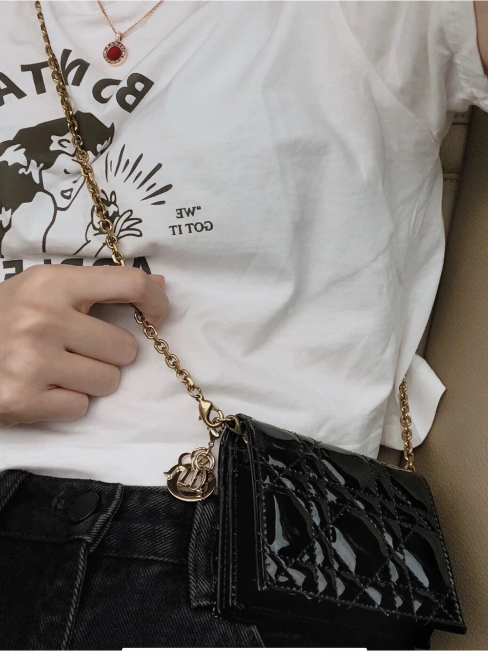 Lady Dior 5-Gusset Black Patent Cannage Calfskin Card Holder W Gold Chain